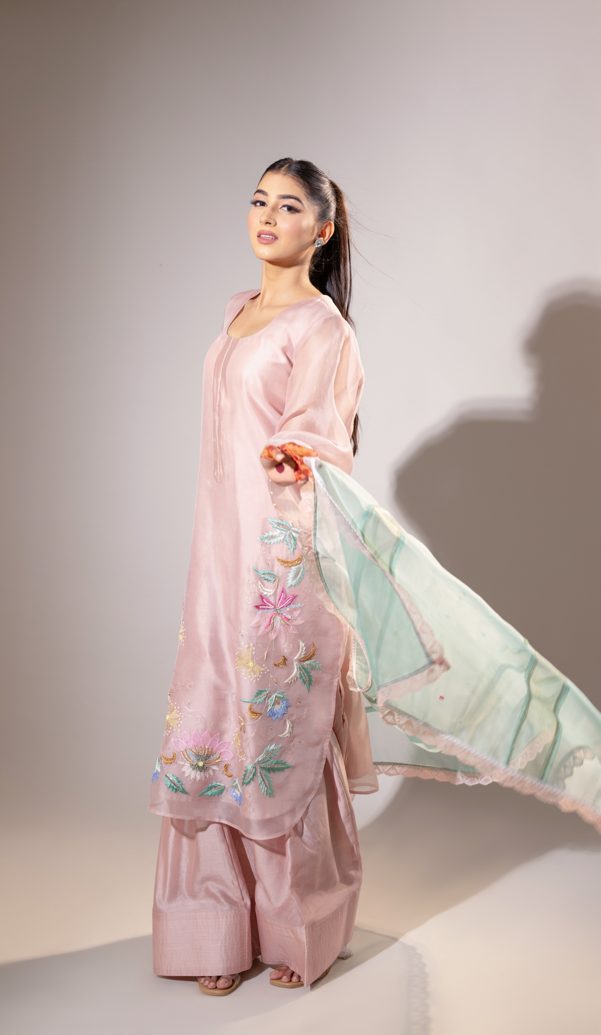 Stitched Blush Pink Organza Suit with Embroidered Hem