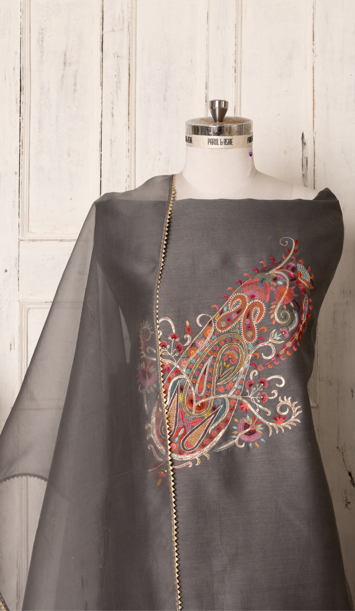 Stitched Grey Paisley Embroidered Chanderi Suit Set with Organza Dupatta