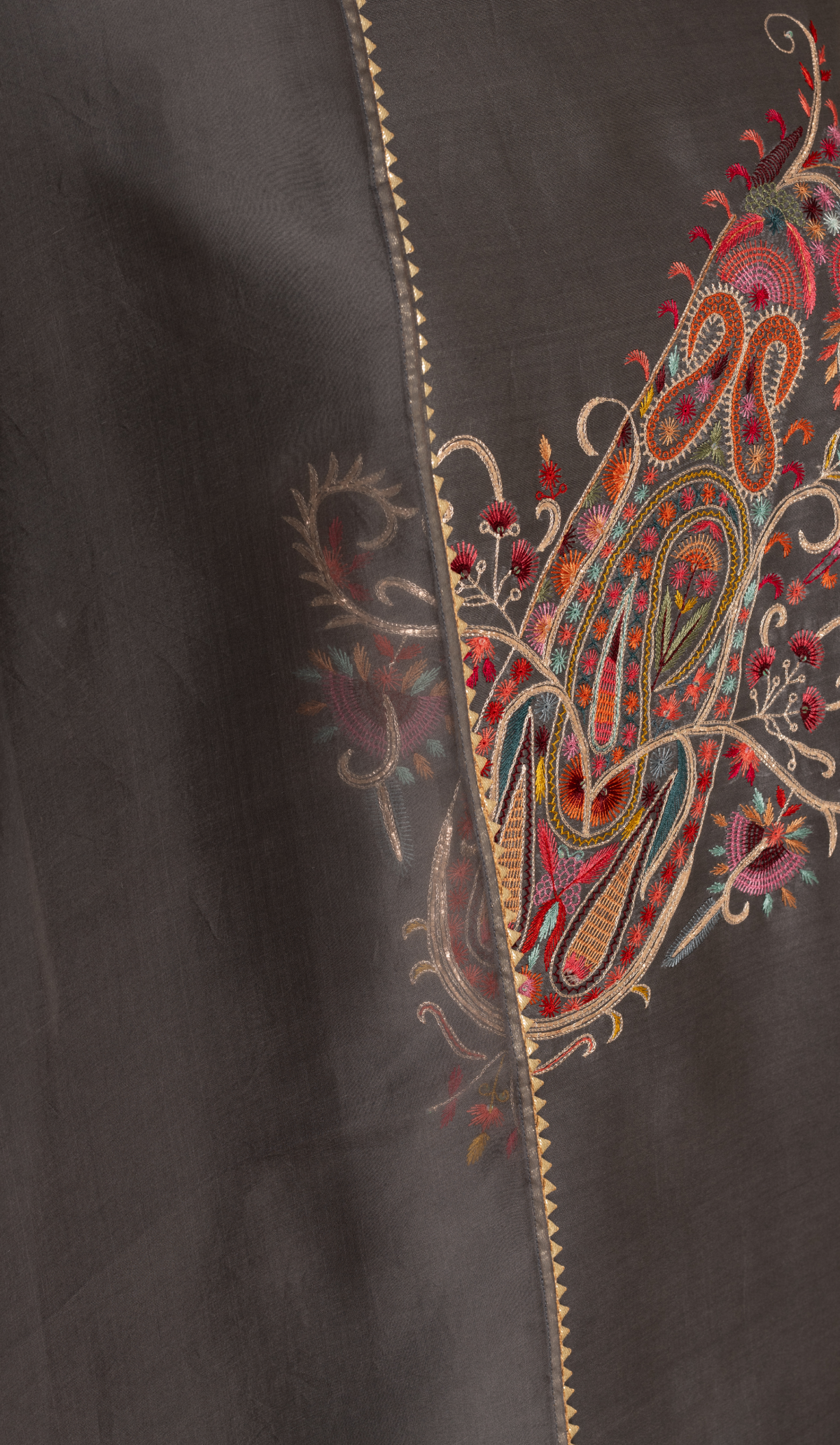 Stitched Grey Paisley Embroidered Chanderi Suit Set with Organza Dupatta