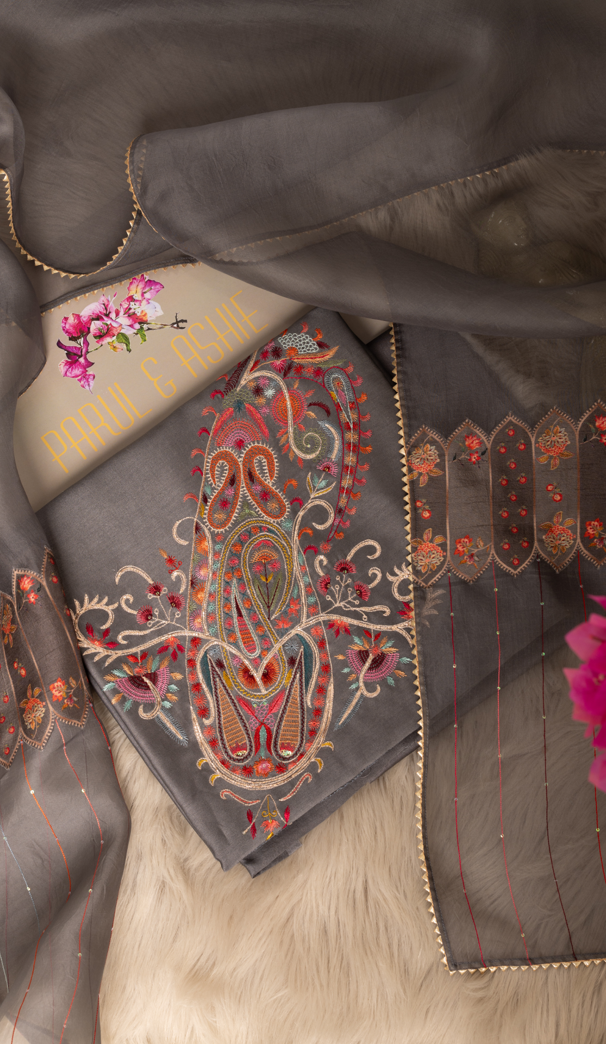 Stitched Grey Paisley Embroidered Chanderi Suit Set with Organza Dupatta