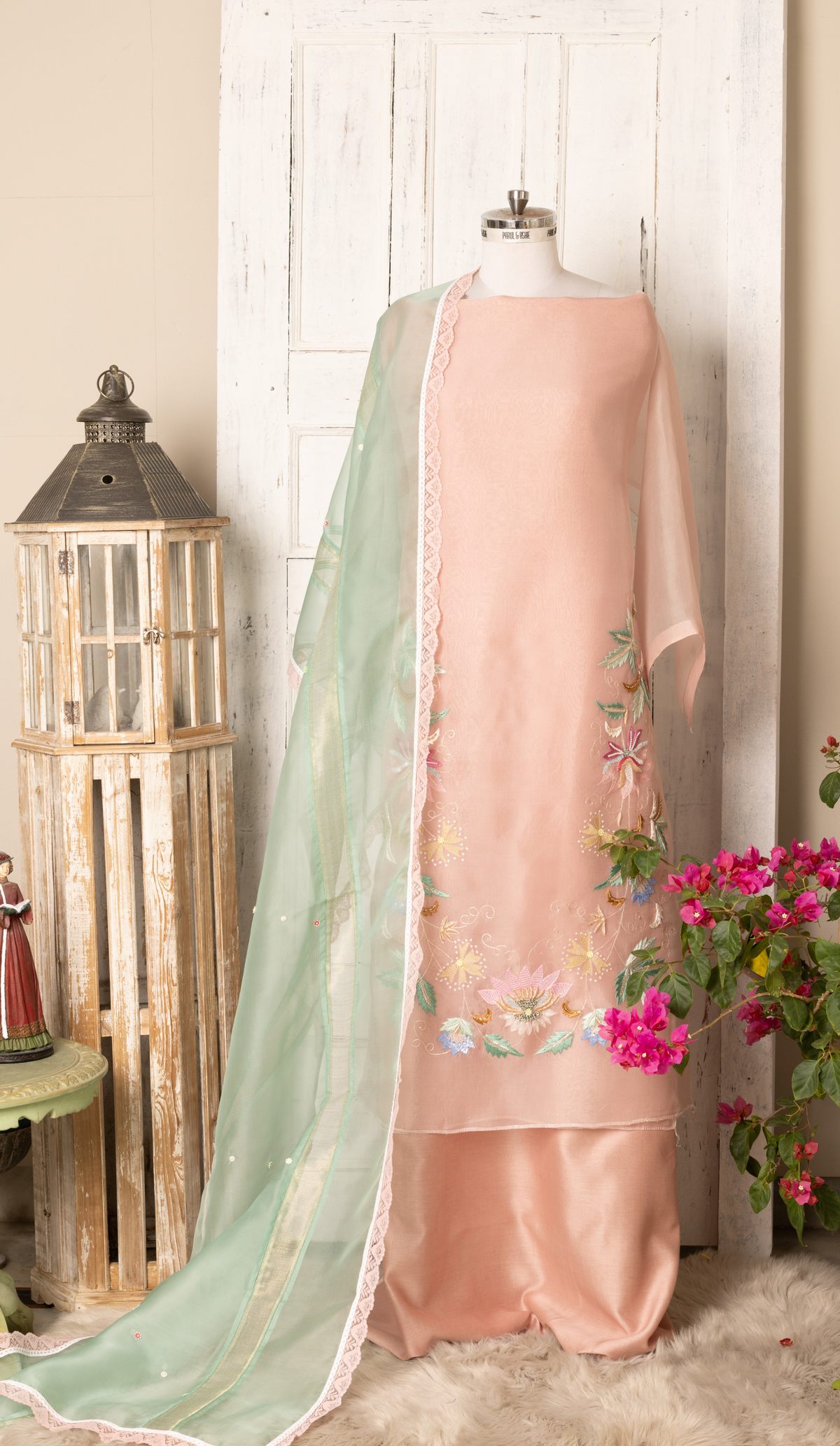 Stitched Blush Pink Organza Suit with Embroidered Hem