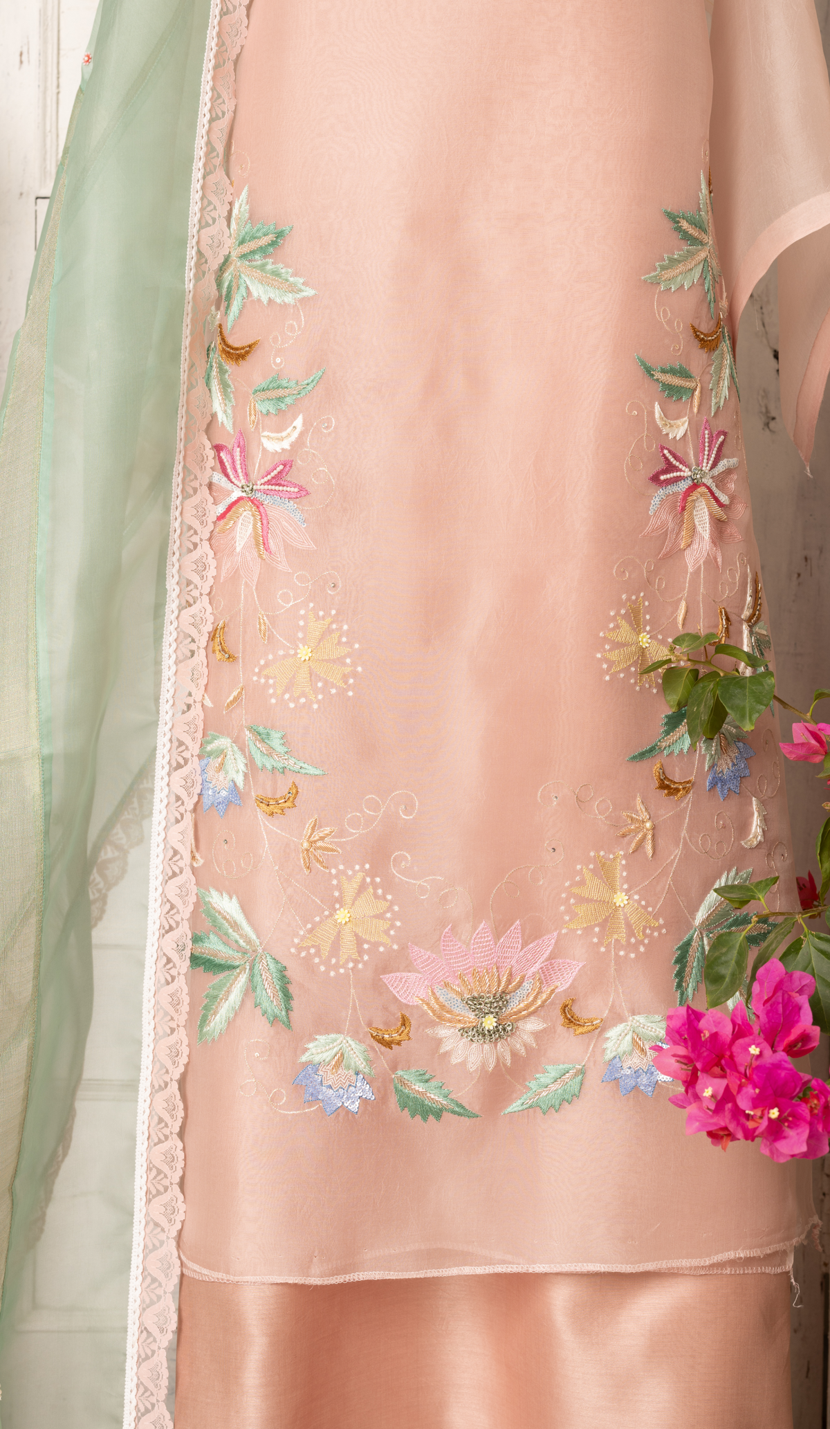 Stitched Blush Pink Organza Suit with Embroidered Hem