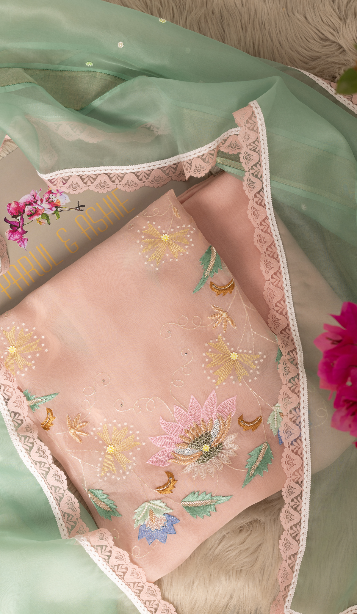 Stitched Blush Pink Organza Suit with Embroidered Hem