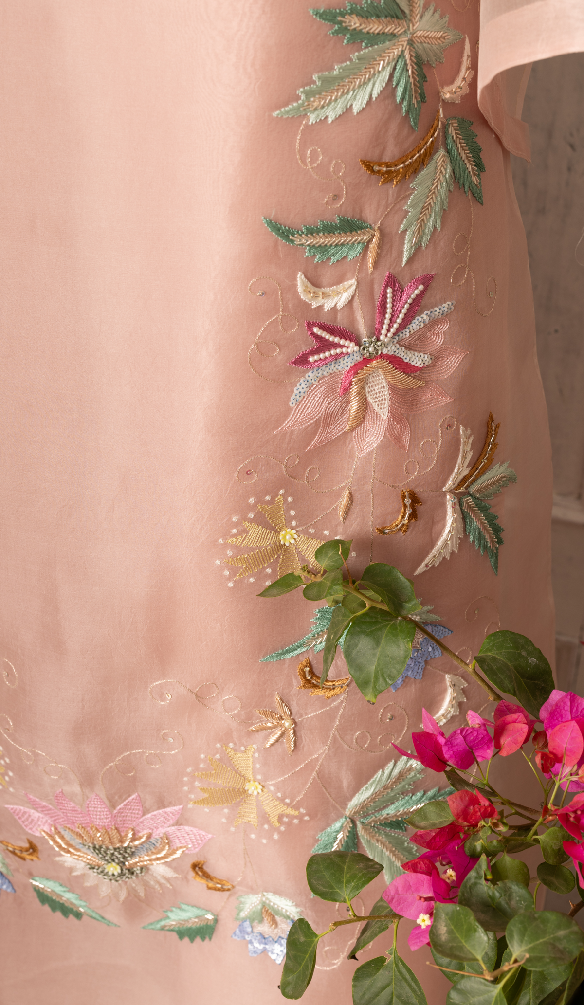 Stitched Blush Pink Organza Suit with Embroidered Hem