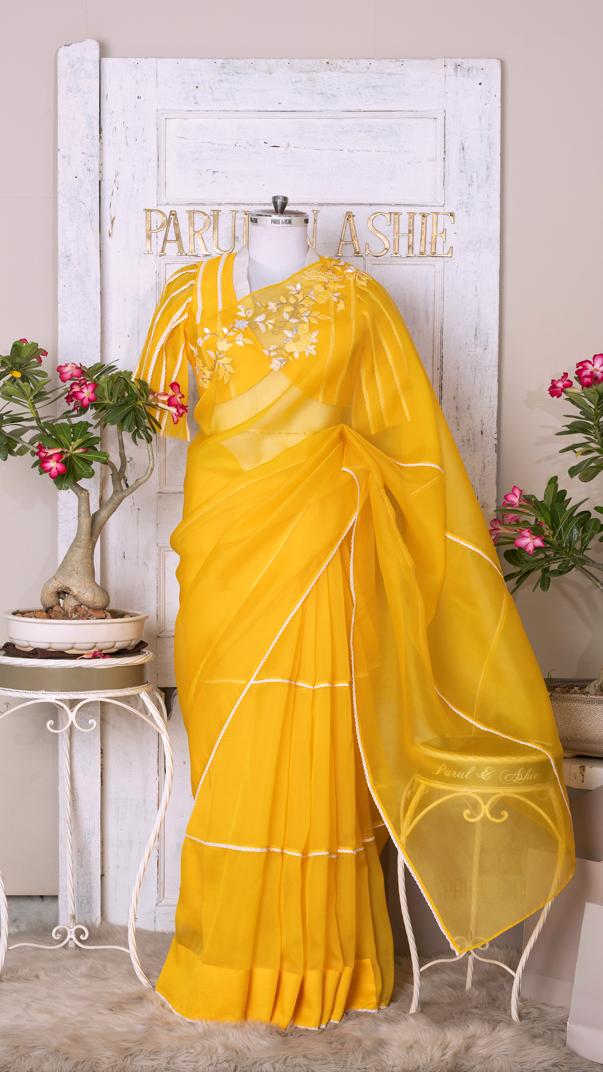 Yellow Organza Saree with Lace Detailing