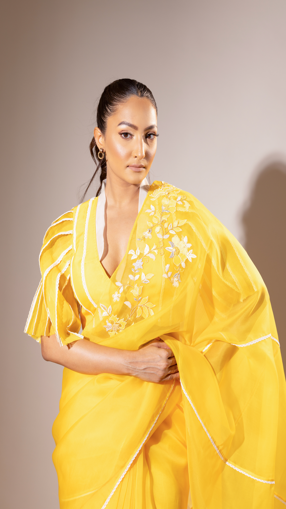 Yellow Organza Saree with Lace Detailing
