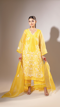Yellow Hand-Appliquéd Silk Organza Unstitched Suit Set