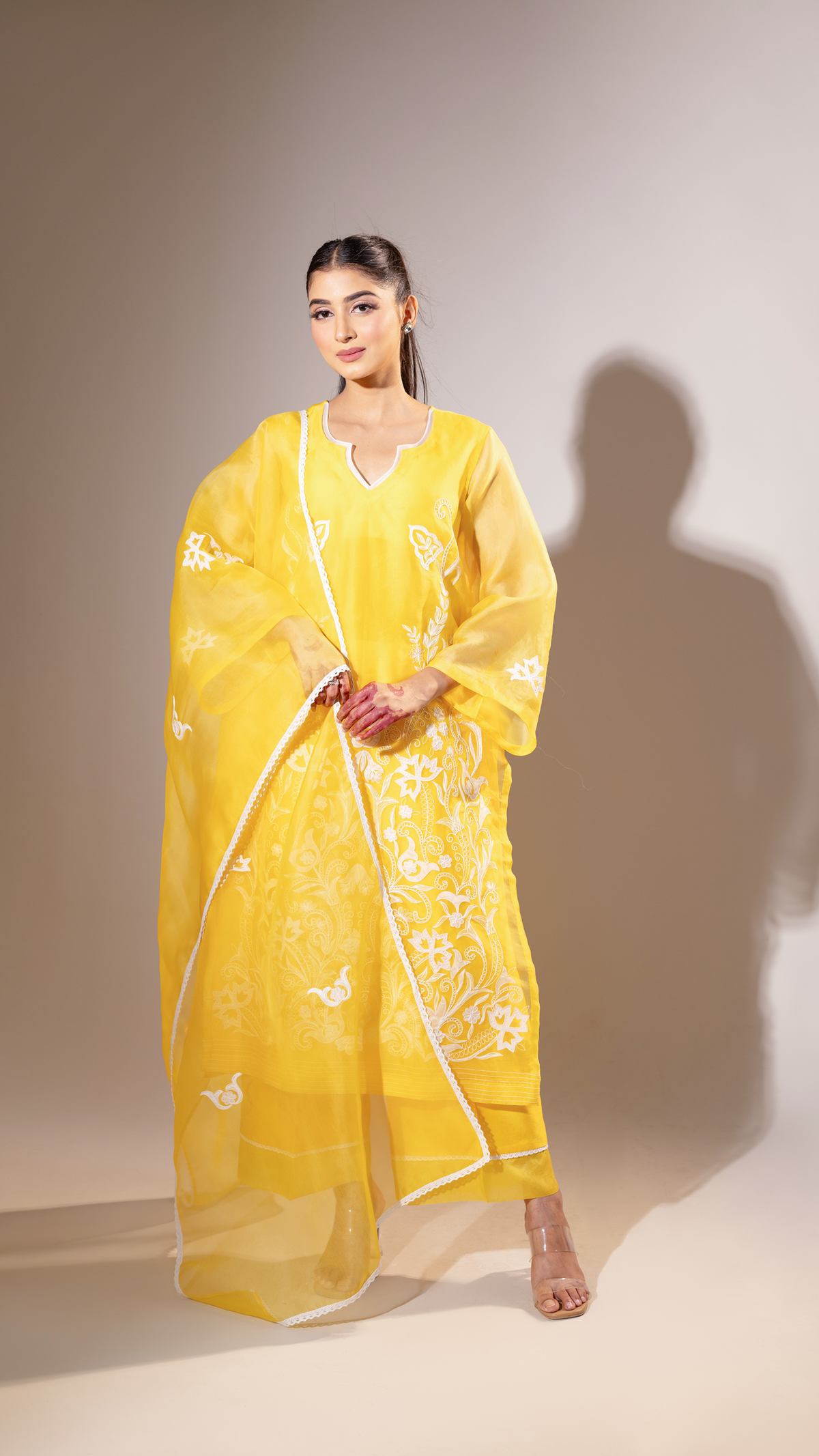 Yellow Hand-Appliquéd Silk Organza Unstitched Suit Set