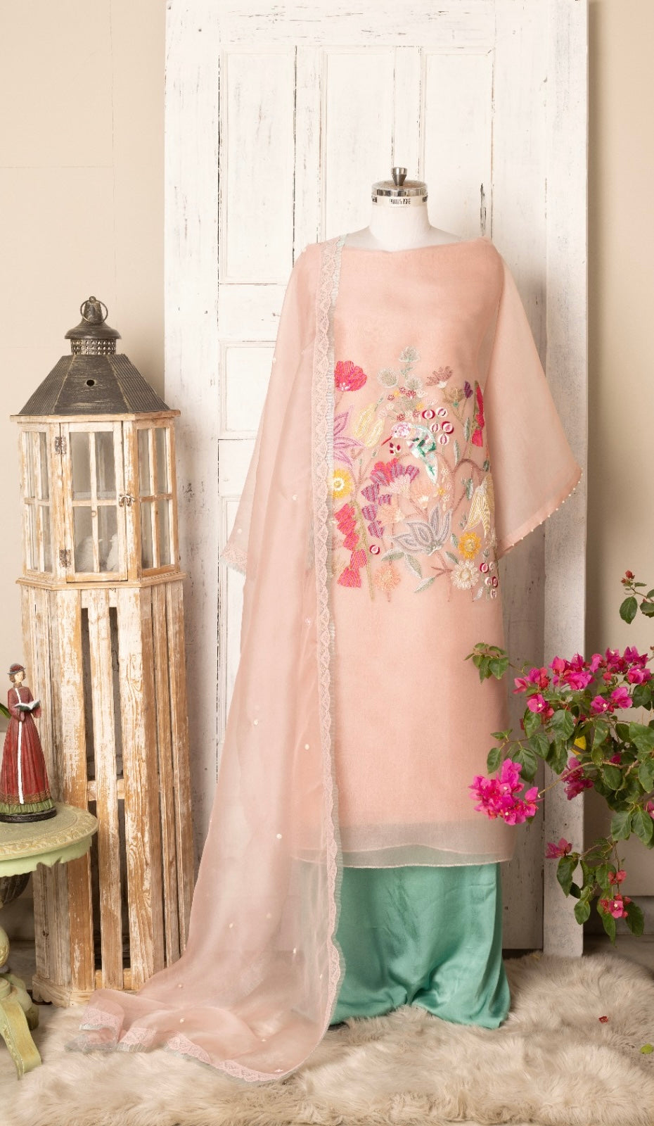 Blush Pink Hand-Embroidered Organza Suit Set with Bird Motifs