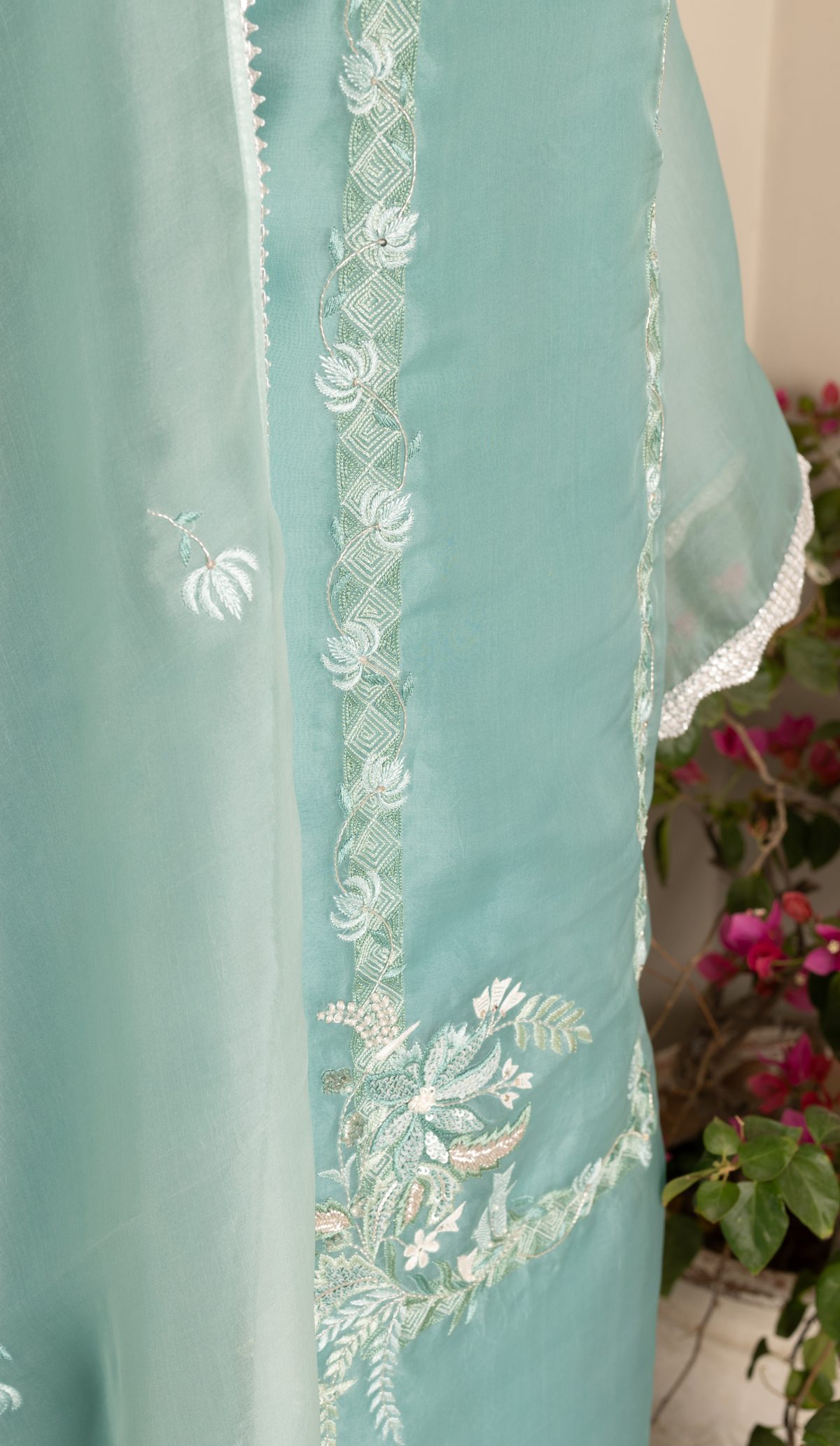 Aqua Organza Suit with Floral Shaded Dupatta